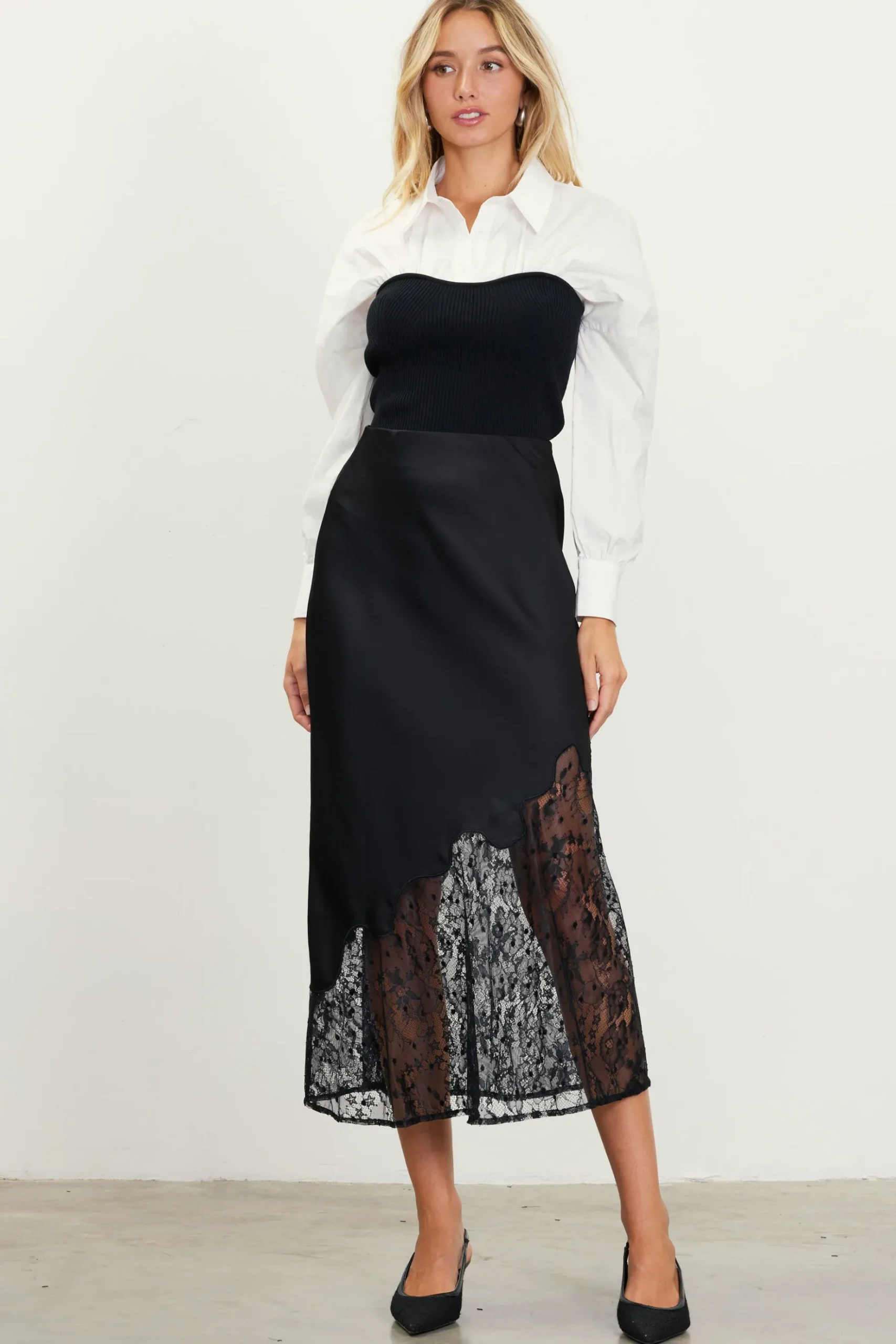 Asymmetrical Lace Satin Skirt*SKIES ARE BLUE