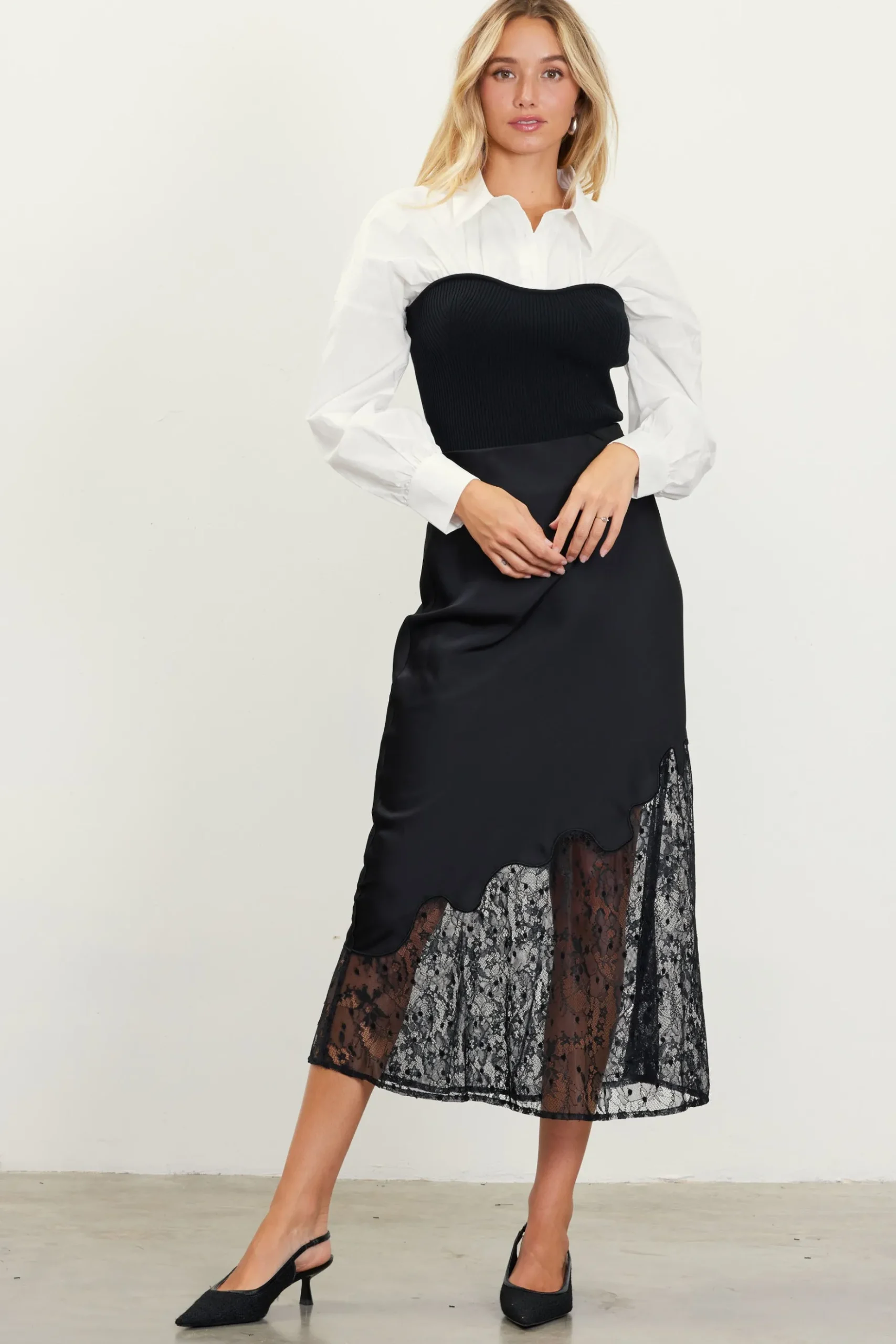 Asymmetrical Lace Satin Skirt*SKIES ARE BLUE