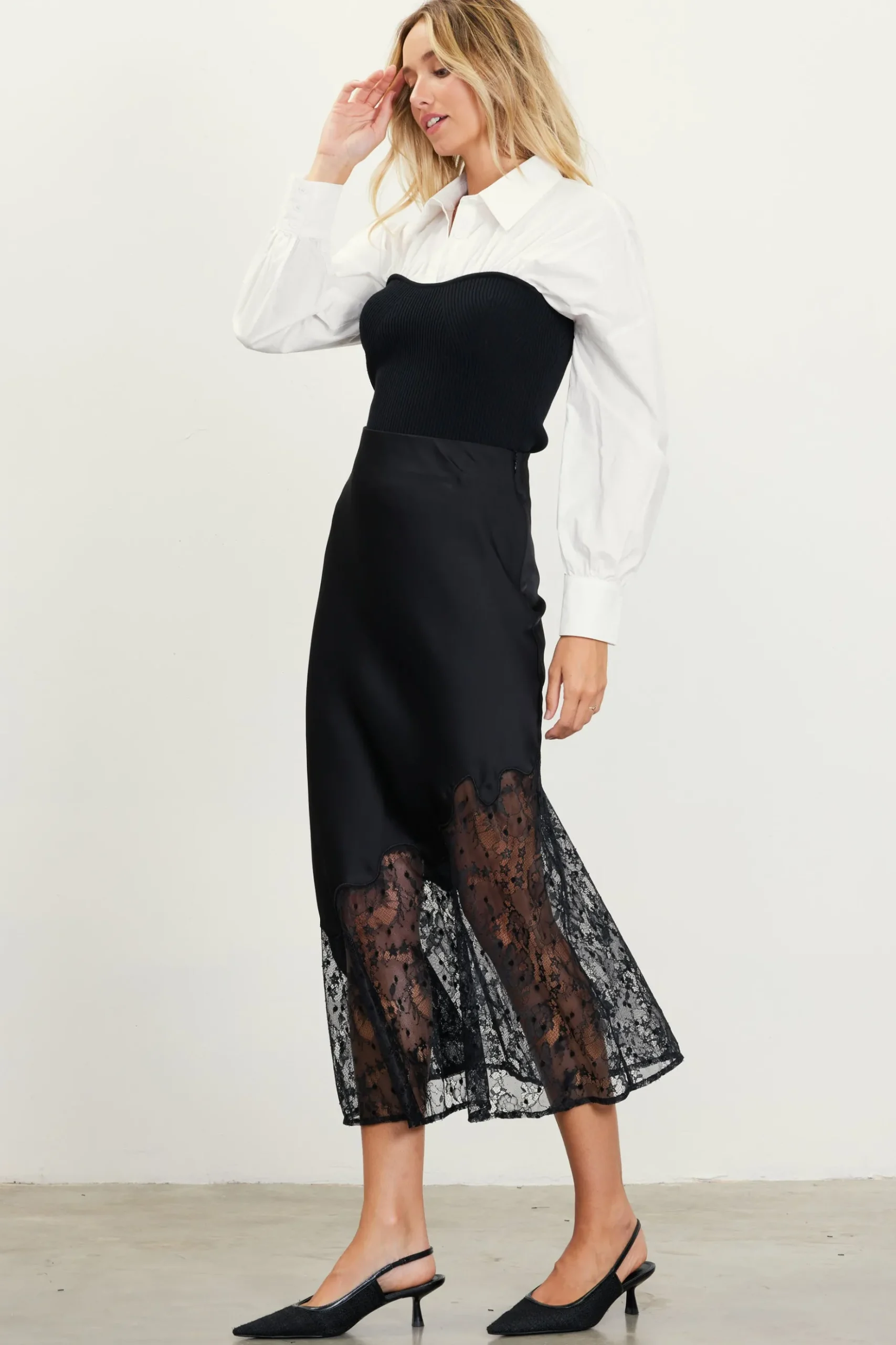 Asymmetrical Lace Satin Skirt*SKIES ARE BLUE