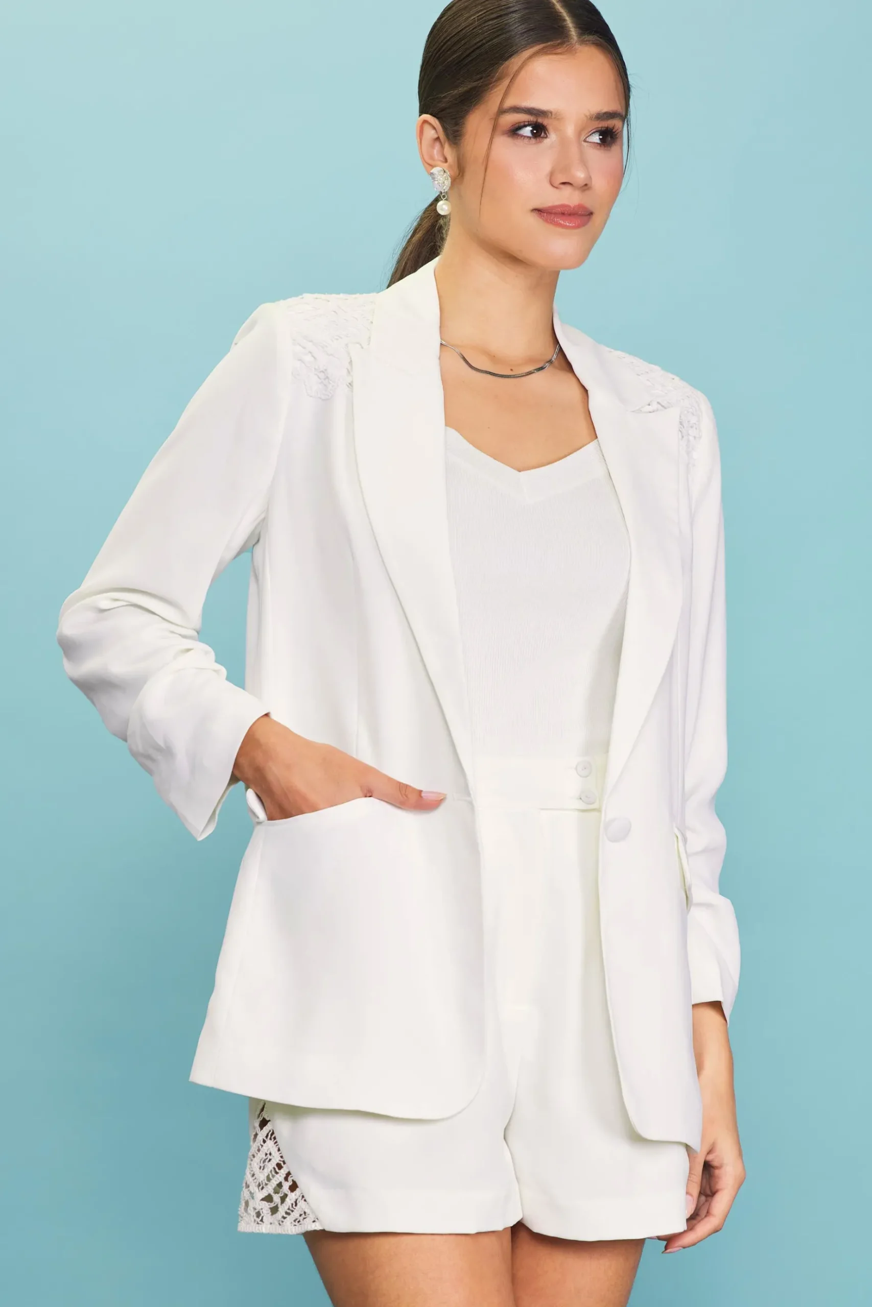 Crochet Trim Shirred Sleeve Blazer*SKIES ARE BLUE Hot