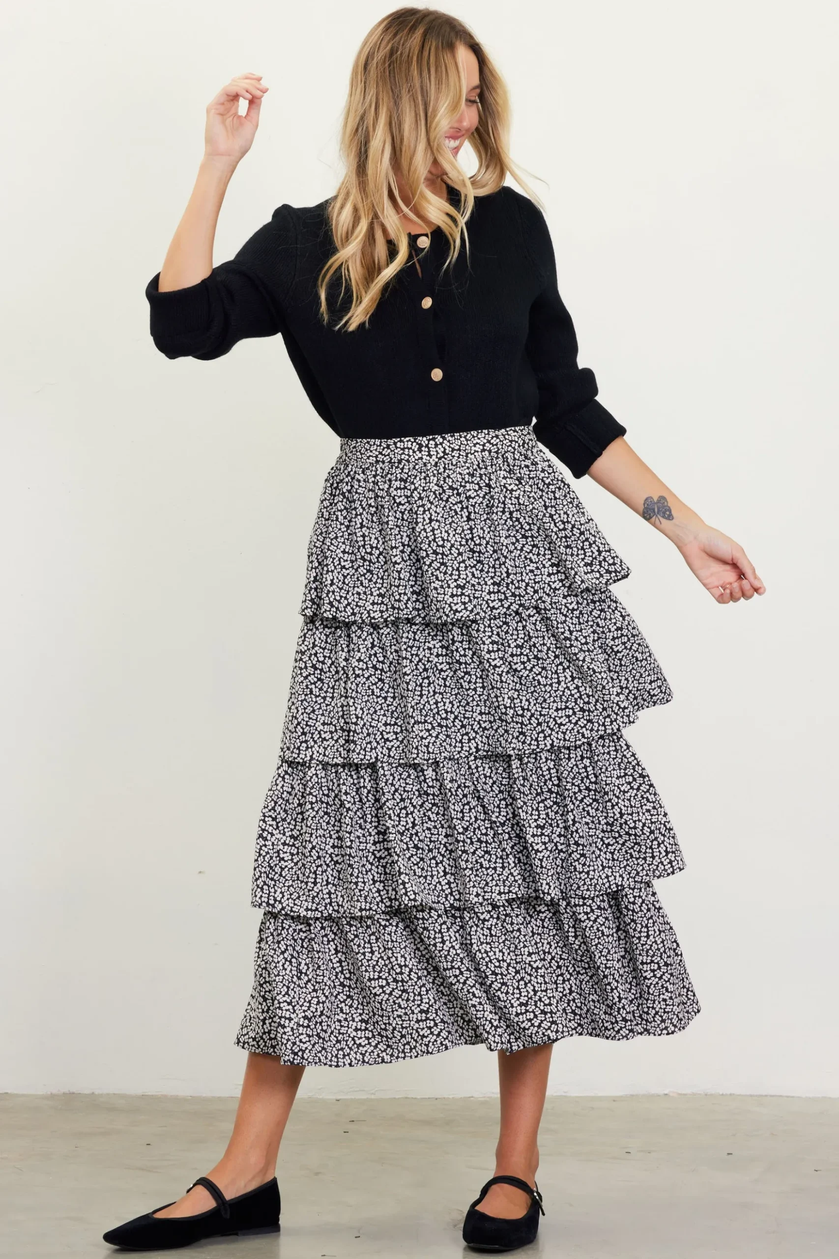 Dainty Floral Print Ruffle Midi Skirt*SKIES ARE BLUE Hot