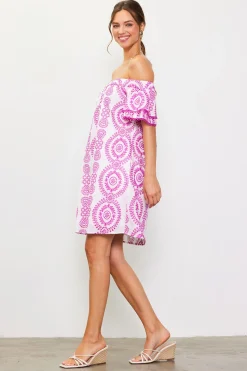 Embroidered Eyelet Off Shoulder Dress*SKIES ARE BLUE