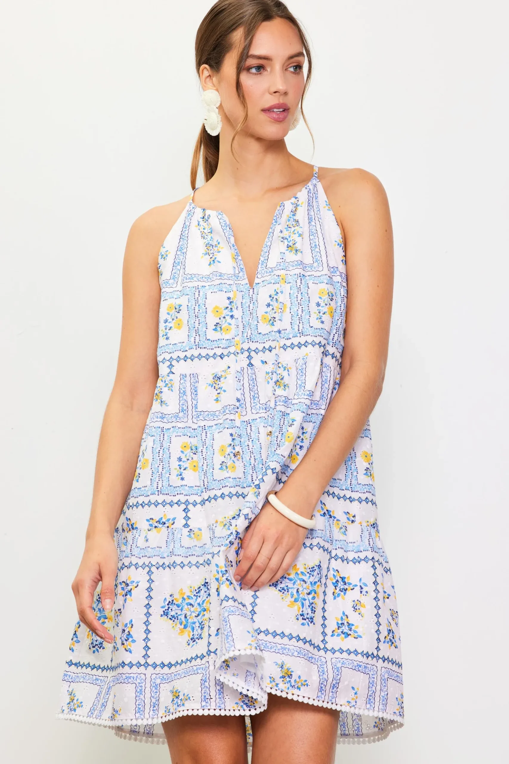 Eyelet Embroidered Print Mini Dress*SKIES ARE BLUE