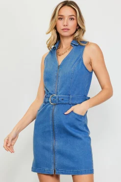 Front Zipper Denim Mini Dress With Belt*SKIES ARE BLUE Hot