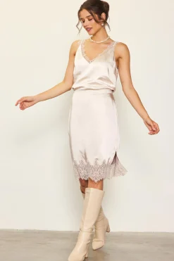 Lace Trim Satin Midi Skirt*SKIES ARE BLUE New
