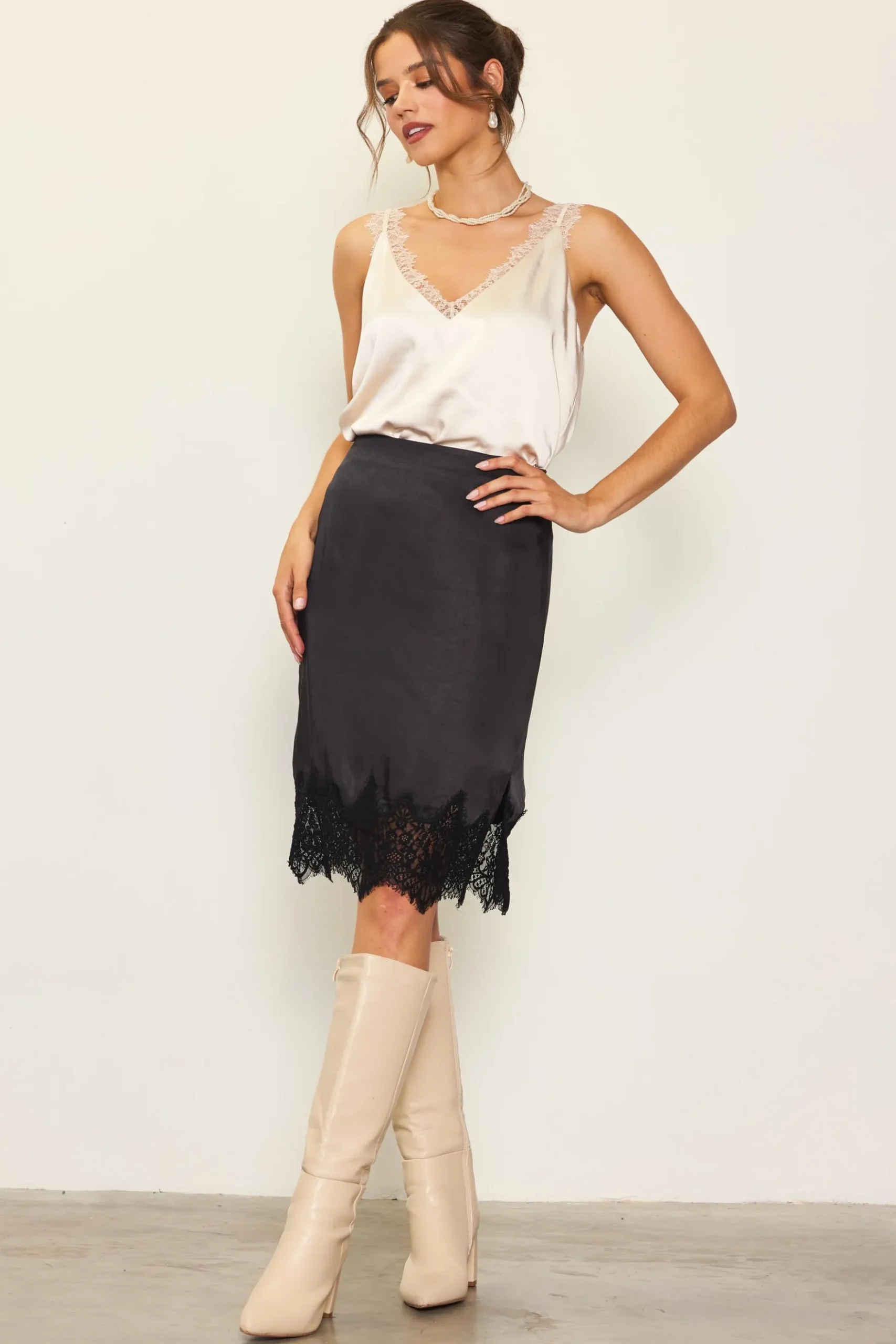 Lace Trim Satin Midi Skirt*SKIES ARE BLUE Online