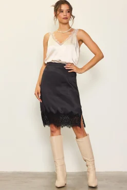 Lace Trim Satin Midi Skirt*SKIES ARE BLUE Online