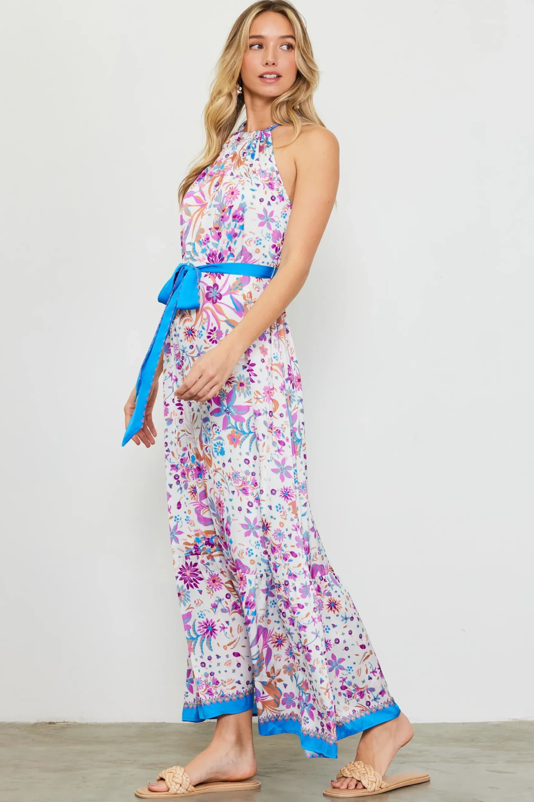 Magnolia Border Print Halter Neck Maxi Dress*SKIES ARE BLUE