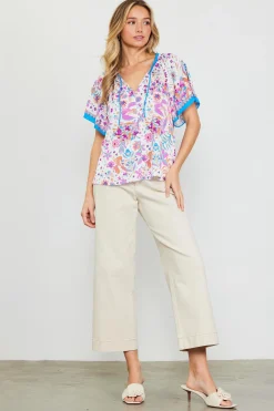 Magnolia Border Print Short Sleeve Top*SKIES ARE BLUE Best