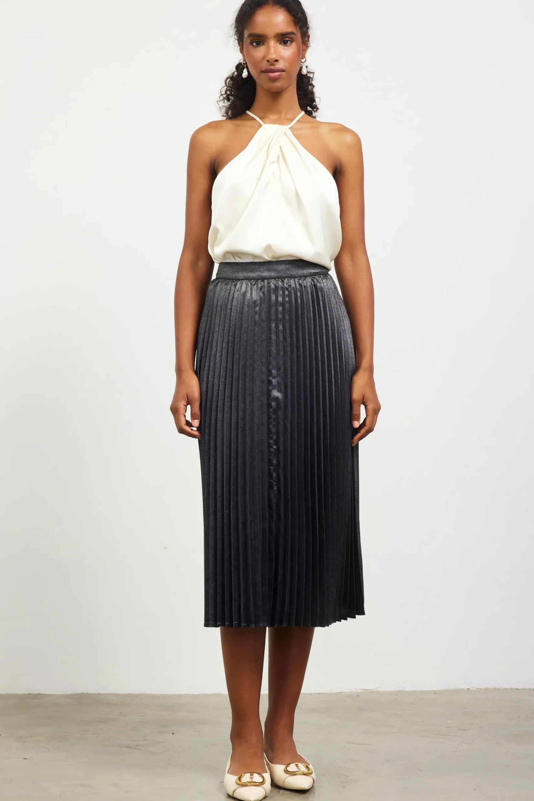 Metallic Foil Pleated Midi Skirt*SKIES ARE BLUE Clearance
