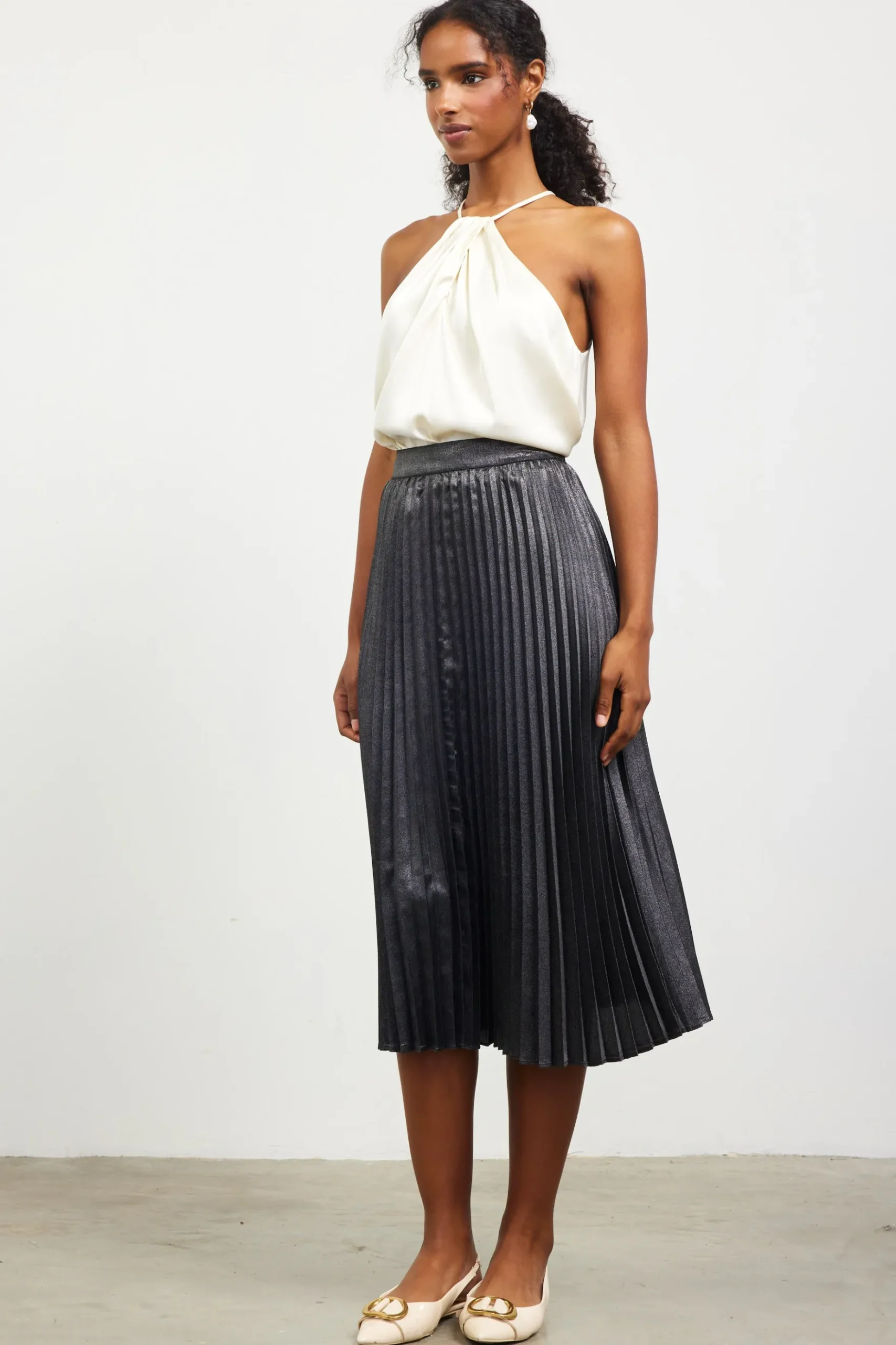 Metallic Foil Pleated Midi Skirt*SKIES ARE BLUE Clearance