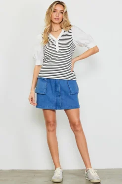 Mixed Media Striped Puff Sleeve Top*SKIES ARE BLUE Clearance