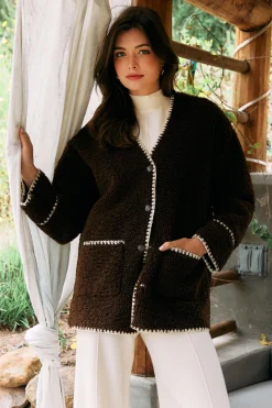 Noelle Contrast Stitch Detail Sherpa Coat*SKIES ARE BLUE