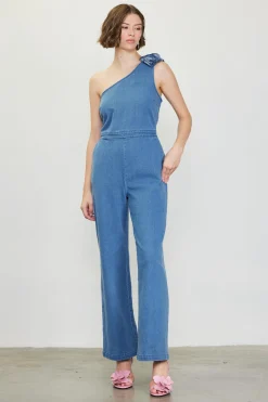 One Shoulder Denim Jumpsuit with Rosette*SKIES ARE BLUE
