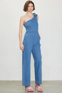 One Shoulder Denim Jumpsuit with Rosette*SKIES ARE BLUE