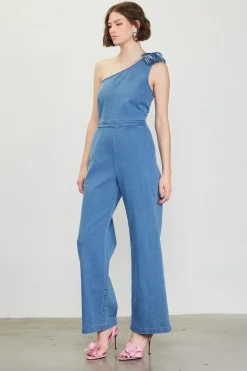 One Shoulder Denim Jumpsuit with Rosette*SKIES ARE BLUE