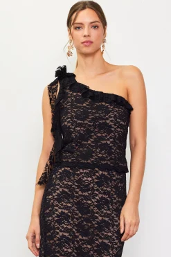 One Shoulder Ruffle Trim Lace Top*SKIES ARE BLUE
