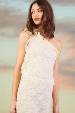 One Shoulder Ruffle Trim Lace Top*SKIES ARE BLUE Discount