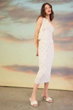 One Shoulder Ruffle Trim Lace Top*SKIES ARE BLUE Discount