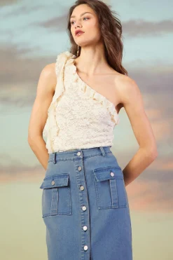 One Shoulder Ruffle Trim Lace Top*SKIES ARE BLUE Discount
