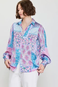 Patch Print Button Down Blouse*SKIES ARE BLUE