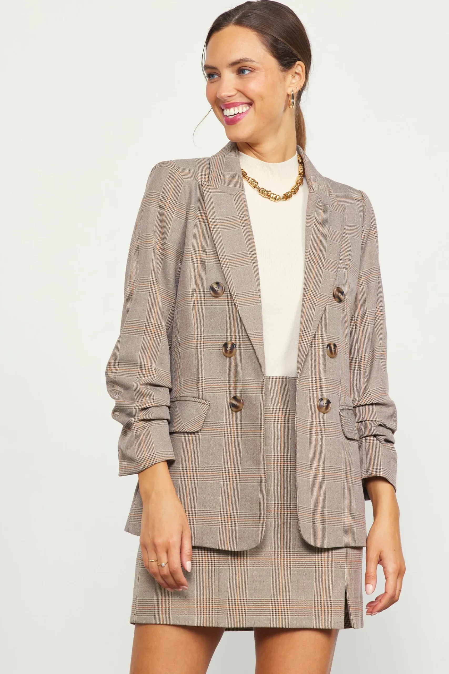 Plaid Ruched Sleeve Tailored Blazer*SKIES ARE BLUE Discount