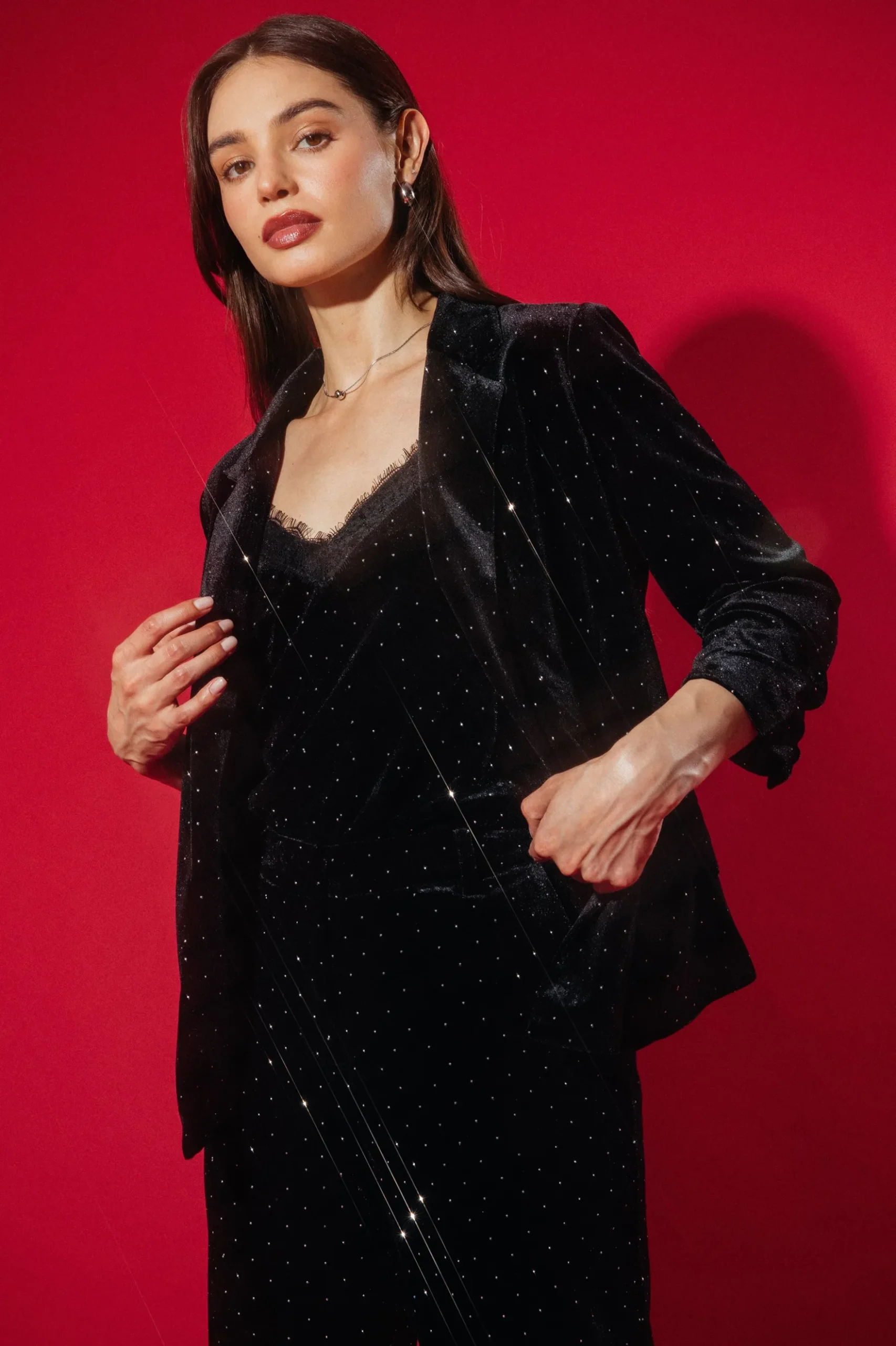 Rhinestone Ruched Velvet Blazer*SKIES ARE BLUE