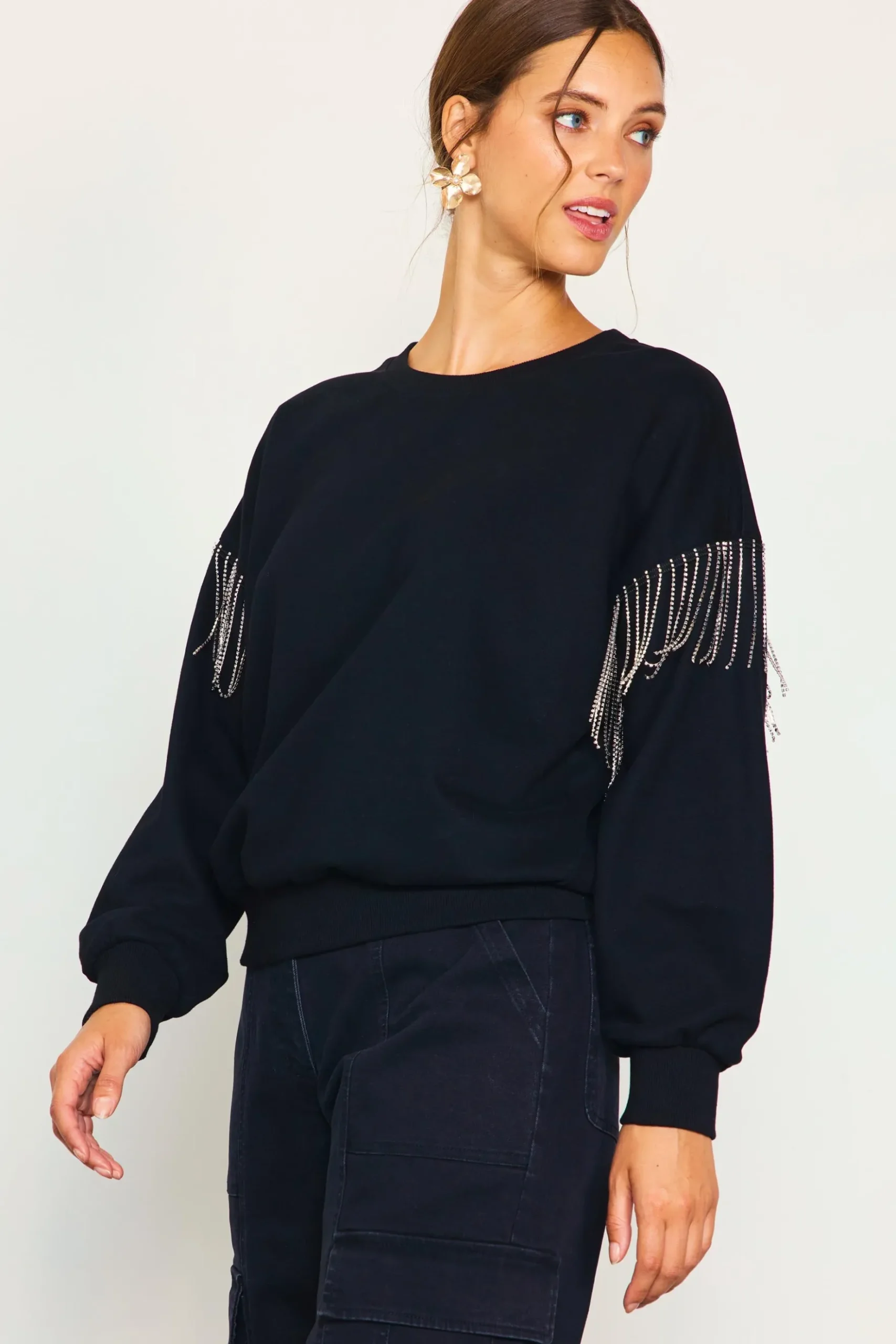 Rhinestone Sleeve Trim Sweatshirt*SKIES ARE BLUE Clearance