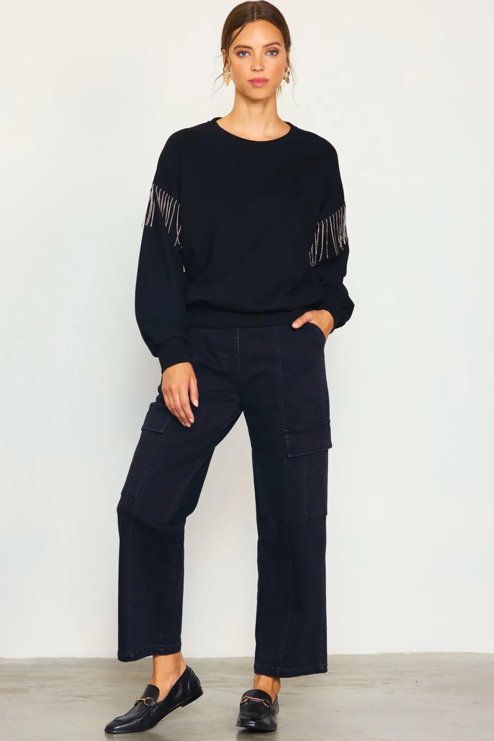 Rhinestone Sleeve Trim Sweatshirt*SKIES ARE BLUE Clearance