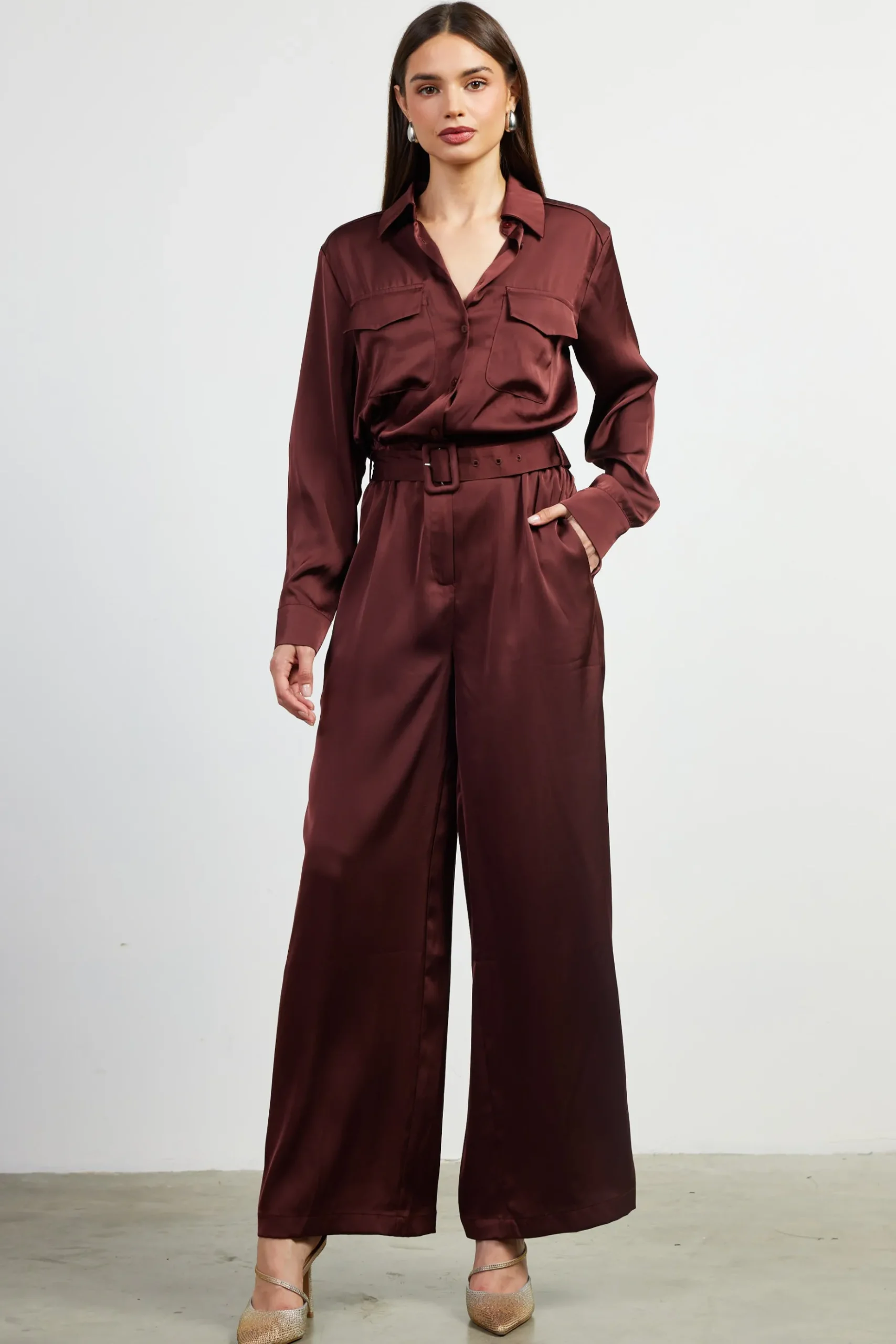 Satin Button Down Belted Jumpsuit*SKIES ARE BLUE