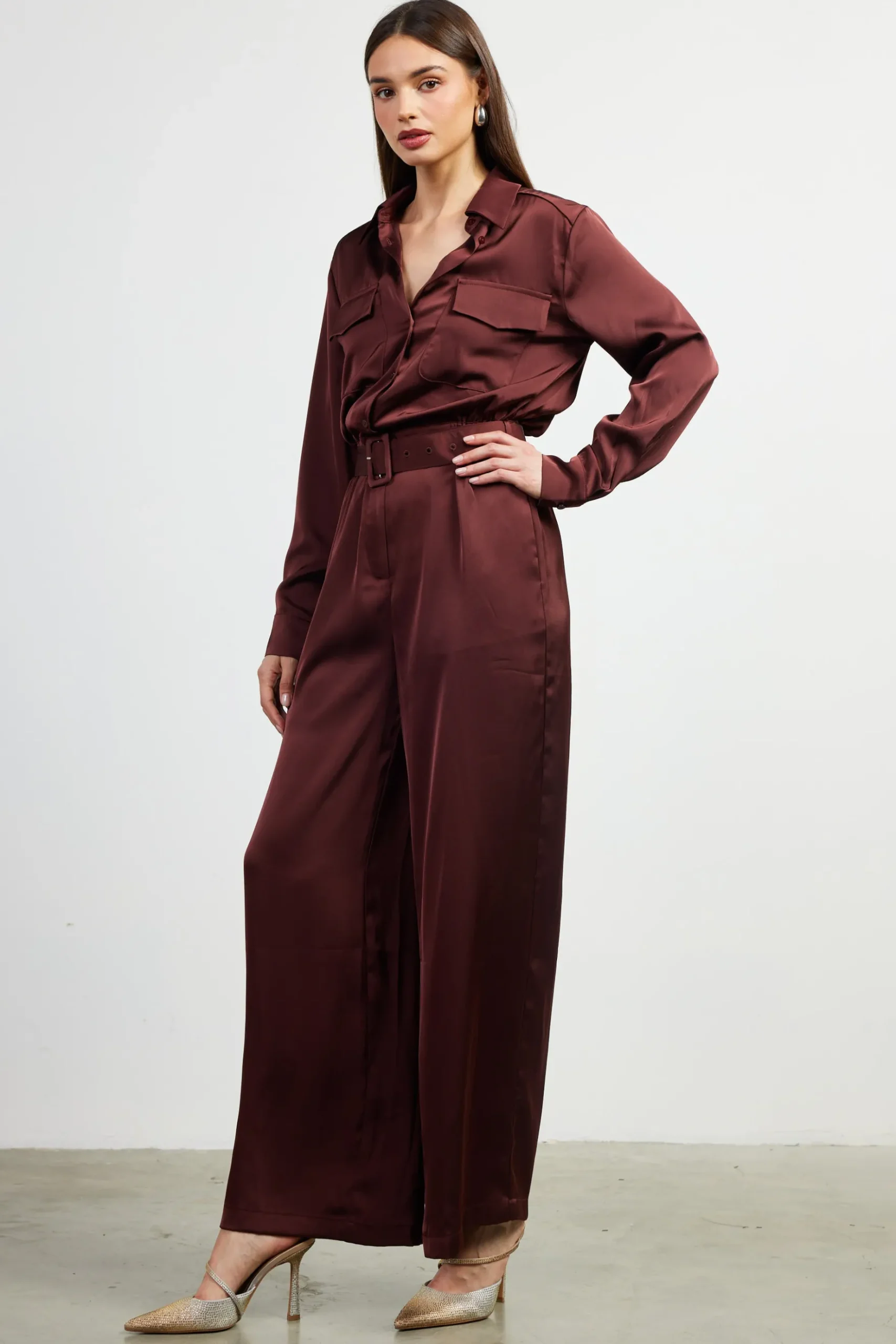 Satin Button Down Belted Jumpsuit*SKIES ARE BLUE