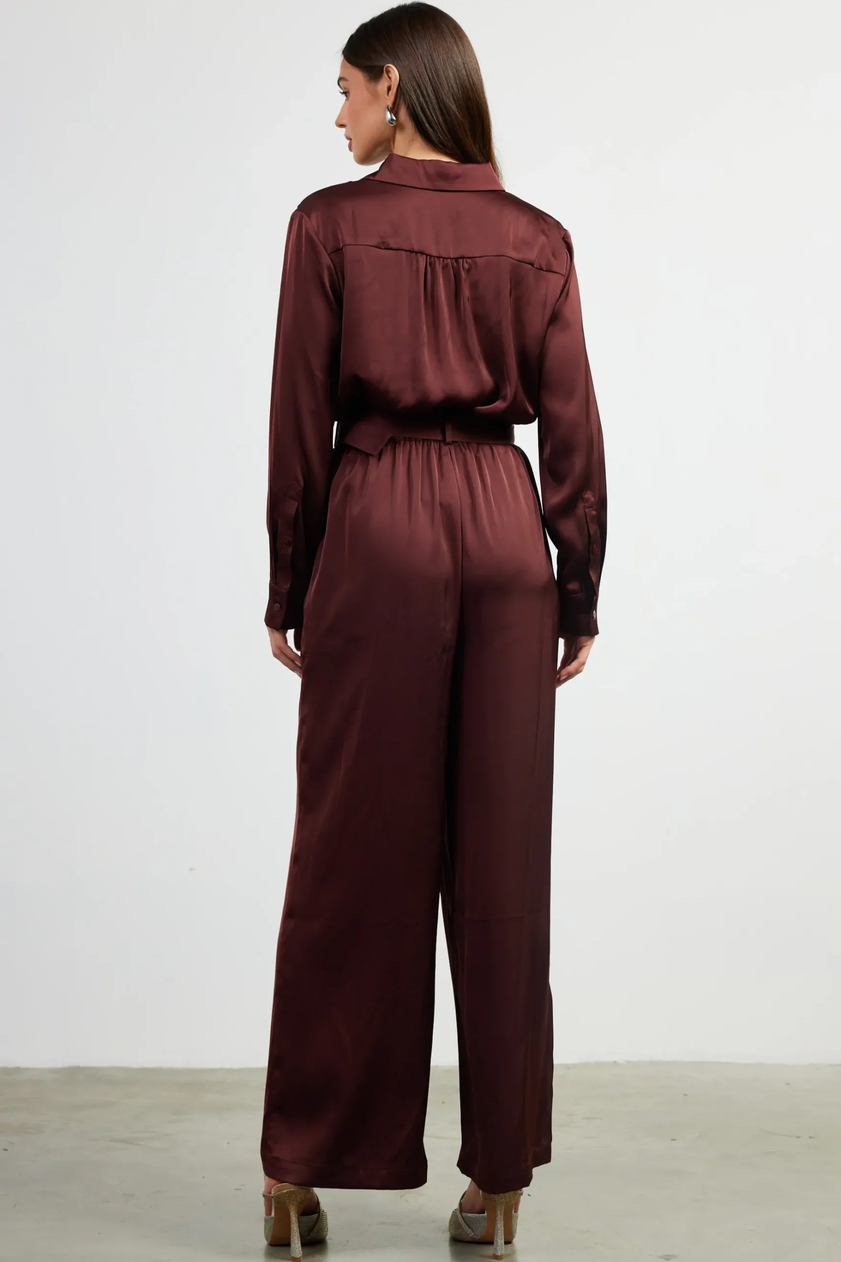 Satin Button Down Belted Jumpsuit*SKIES ARE BLUE
