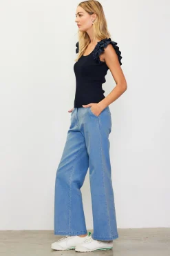 Shirred Ruffle Sleeve Ribbed Sweater*SKIES ARE BLUE Sale