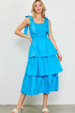 Smocked Bodice Ribbon Detail Tiered Midi Dress*SKIES ARE BLUE New
