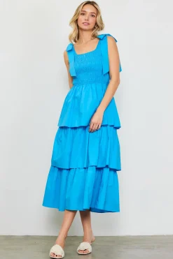 Smocked Bodice Ribbon Detail Tiered Midi Dress*SKIES ARE BLUE New