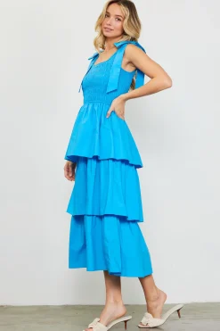 Smocked Bodice Ribbon Detail Tiered Midi Dress*SKIES ARE BLUE New
