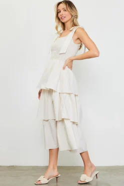 Smocked Bodice Ribbon Detail Tiered Midi Dress*SKIES ARE BLUE Online