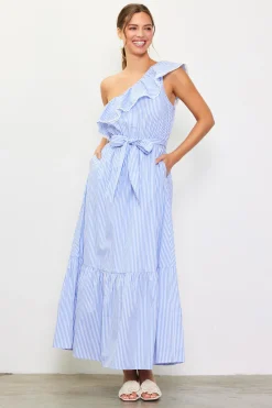 Striped One Shoulder Ruffle Dress*SKIES ARE BLUE Outlet